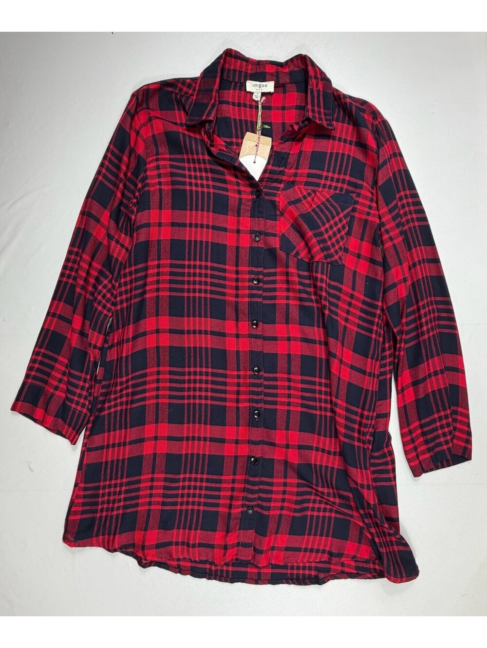 Umgee USA Red and Black Plaid Rayon Button-Up Shirt Size Small